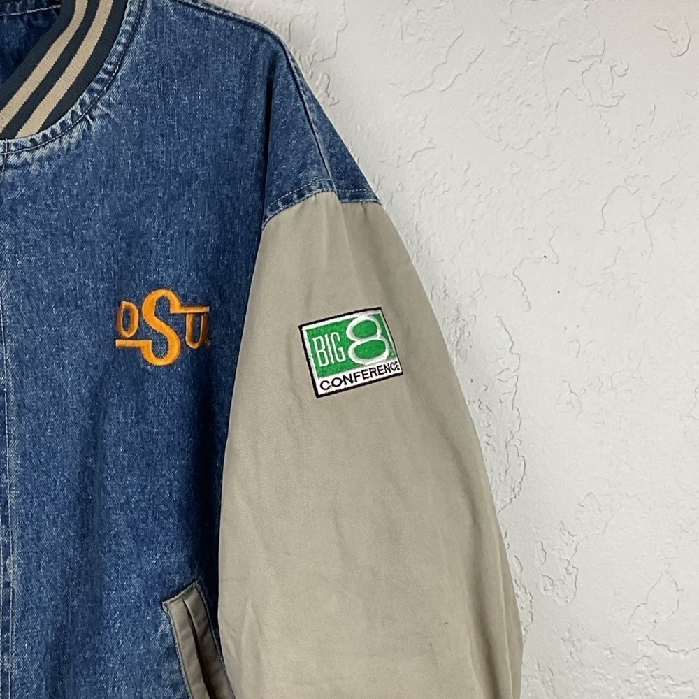 Men’s Vintage 90s Denim Canvas Bomber Style Basketball College Snap Up Coat - Picture 2 of 9